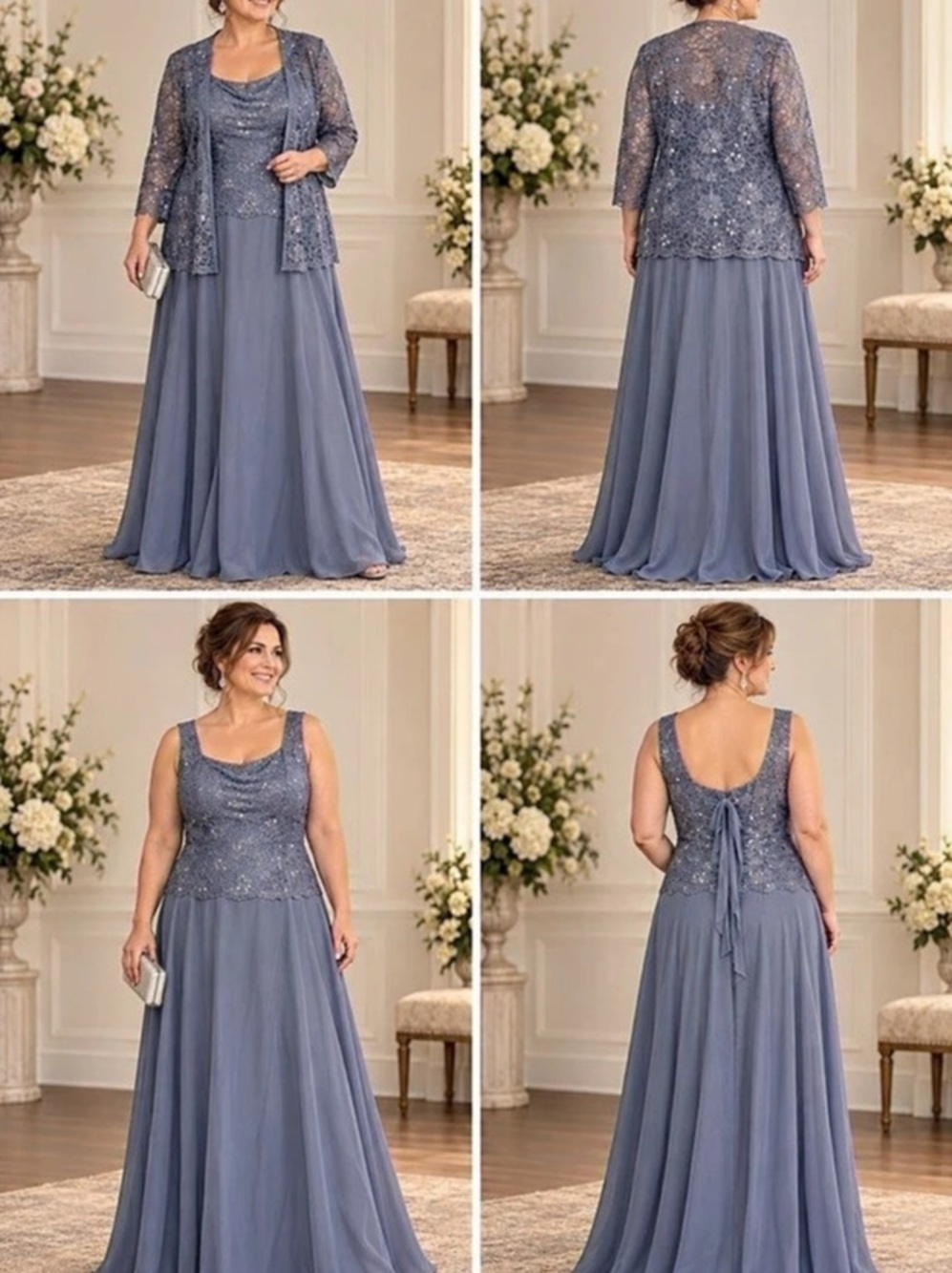 Sequin Lace A-Line Gown with Jacket Blue